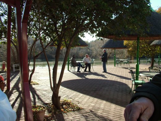 The patio area in front of the hall with exhibitors relaxing before judging.